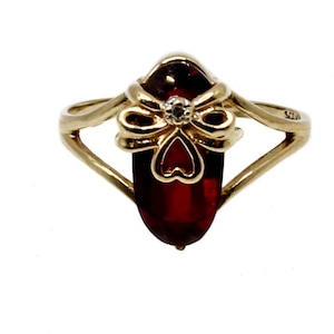 Estate 10k Gold Oval Ruby & Diamond Bow Ring Size 5, Signed SCD, Heart Bow Accent Romantic Vintage Ring, Unique Gift for Her