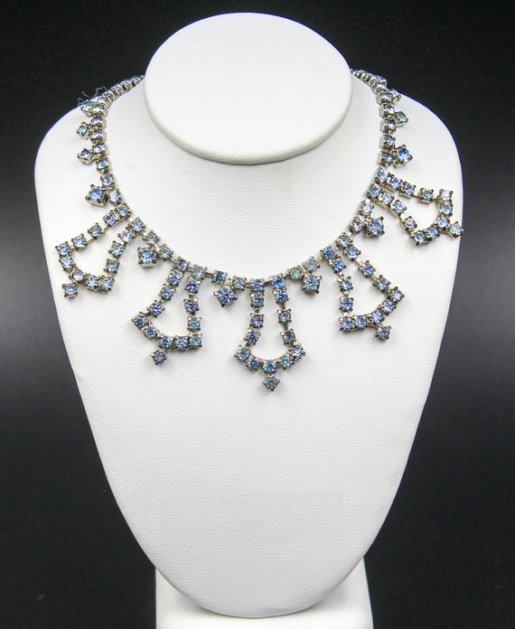 Vintage Necklace Blue Rhinestone Hook Closure Silvertone 14"