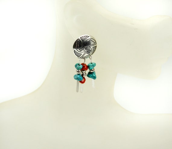 Coral & Turquoise Sterling Silver 925 Dangle Earr… - image 3