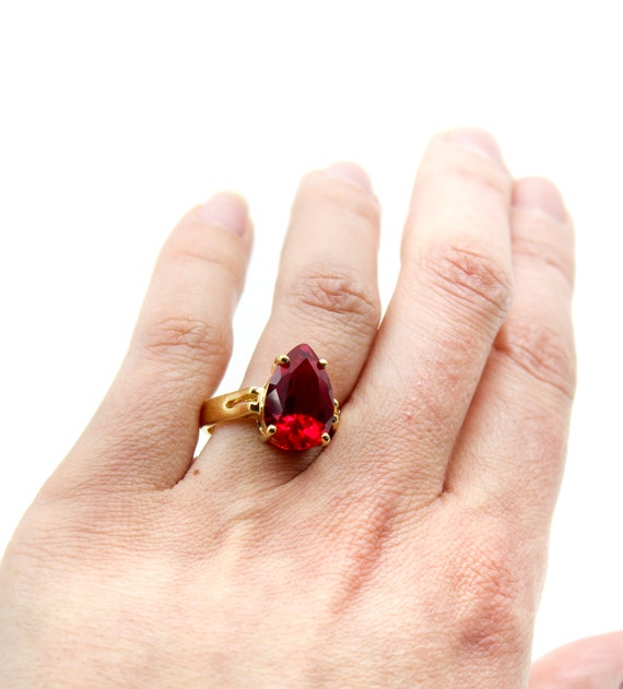 Pear Cut Lab Ruby Ring: 14K Gold Plated Sterling … - image 8