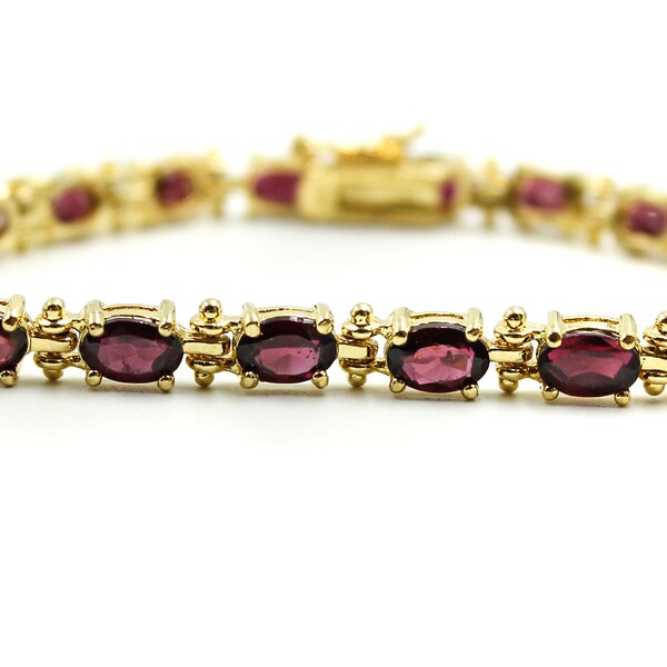 Oval Cut Red Garnet Stones Yellow Gold overlay on Sterling 925 Tennis Bracelet 7"