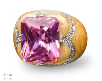 Pink Cubic Zirconia Cocktail Ring: Jasper Inlay, Sterling Silver, Size 7
