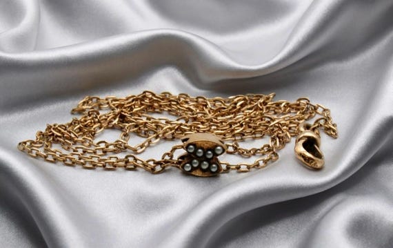 Victorian Antique RFS & Co Gold Filled Watch Chain Seed Pearl Slide Necklace Signed