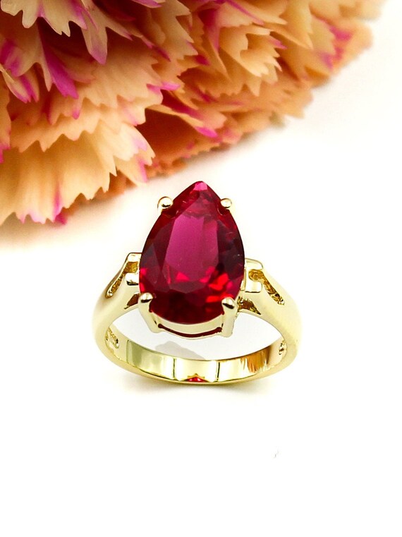 Pear Cut Lab Ruby Ring: 14K Gold Plated Sterling … - image 7