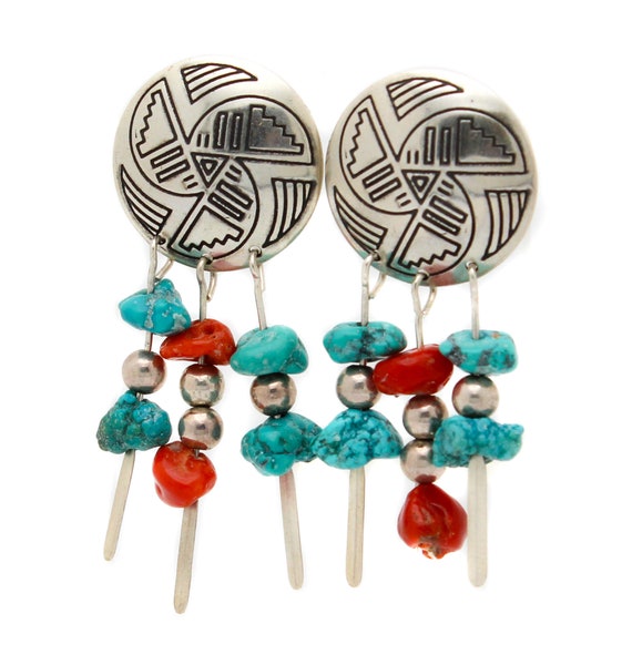 Coral & Turquoise Sterling Silver 925 Dangle Earr… - image 1
