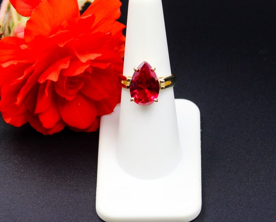 Pear Cut Lab Ruby Ring: 14K Gold Plated Sterling … - image 4