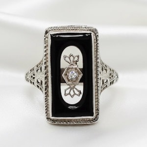 1920s Art Deco Onyx Diamond Ring: Antique 14k White Gold Filigree