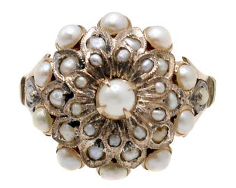 Antique Victorian 18K Gold Pearl Cluster Ring – Coronet Setting Pearl Ring Size 6.5