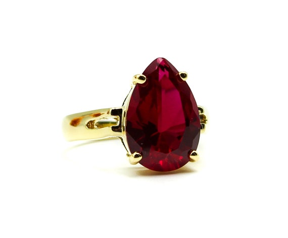 Pear Cut Lab Ruby Ring: 14K Gold Plated Sterling … - image 5
