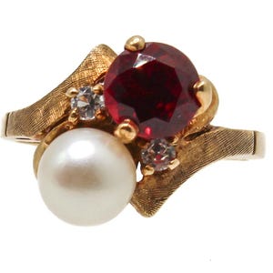 Vintage 10K Gold Ruby Pearl Bypass Ring — Size 4.5 Signed SPRING Mid Century Textured Shank Estate Ring Gemstone Accents