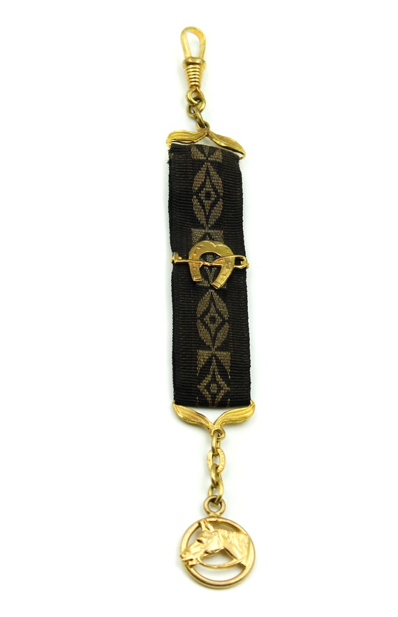 Antique Black Ribbon Pocket Watch Fob with Horses 
