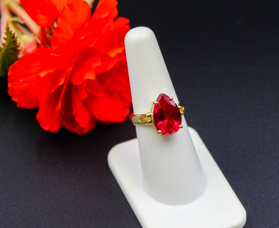 Pear Cut Lab Ruby Ring: 14K Gold Plated Sterling … - image 6