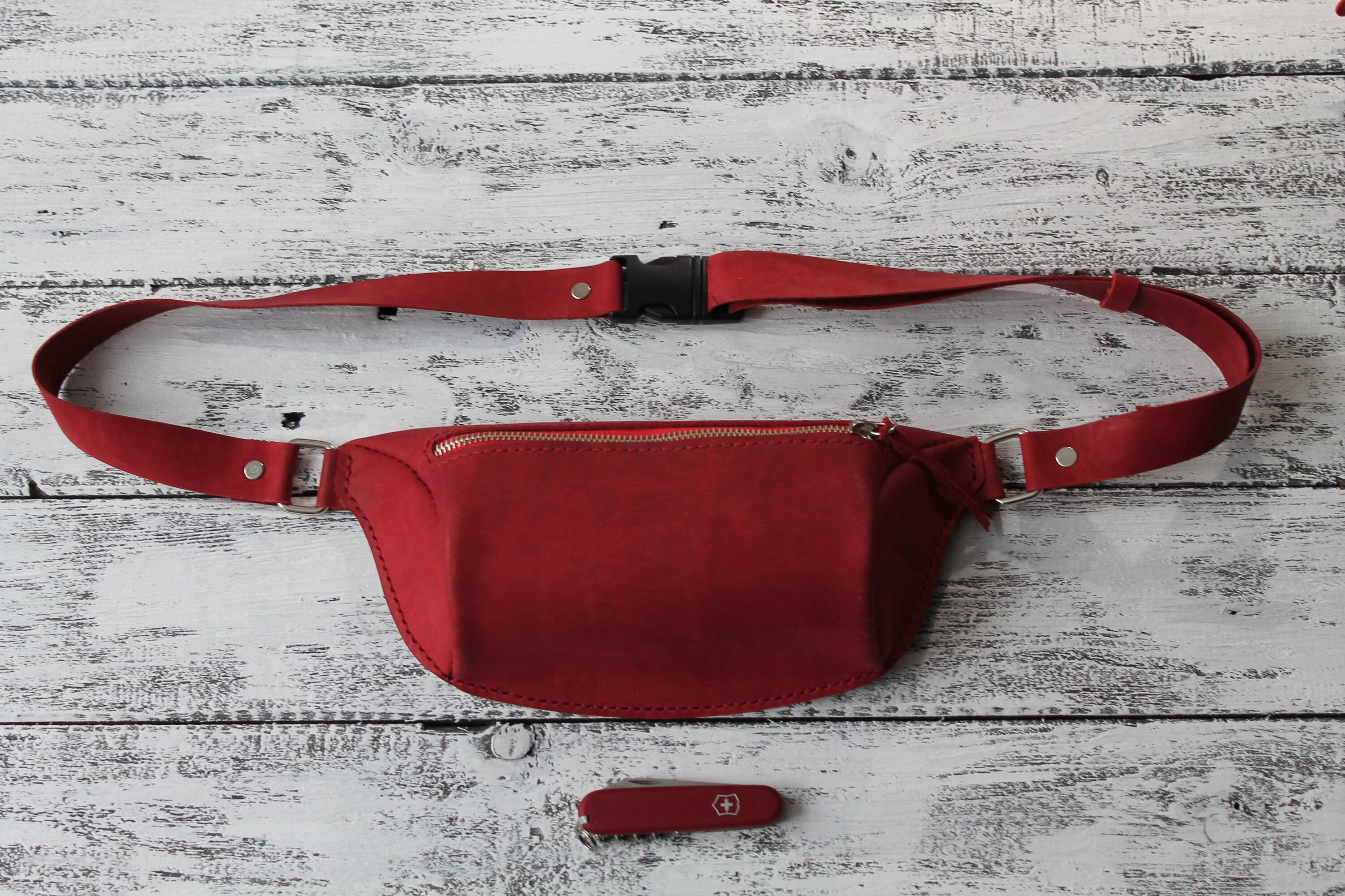 red leather bum bag