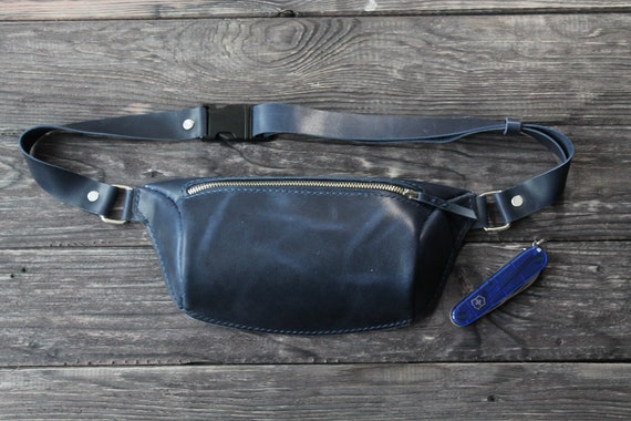 blue leather fanny pack