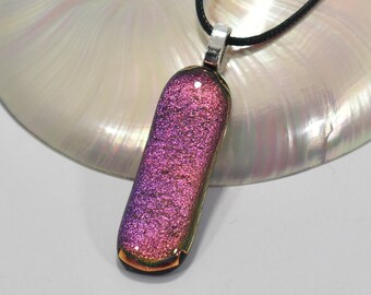 Dichroic Blue Rainbow Fused Glass Pendant #92 on Black Cord 20 inch Necklace