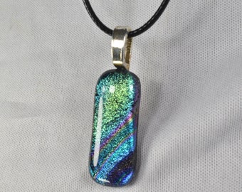 Dichroic Saturn's Rings Green Blue and Purple Fused Glass Pendant #137 on Black Cord 18 inch Necklace