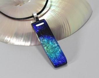 Dichroic Blue Rainbow Fused Glass Pendant #92 on Black Cord 20 inch Necklace