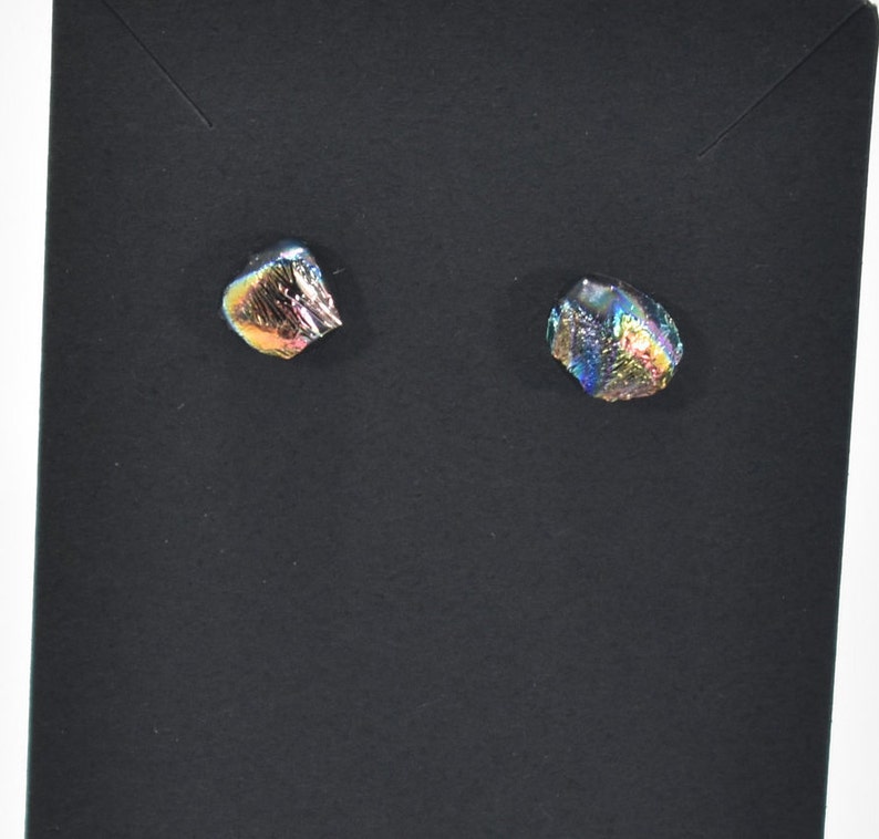 Dichroic Rainbow Fused Glass Earrings #52 on Stainless Steel Hypoallergenic Studs 7mm