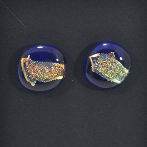 Dichroic Blue Rainbow Fused Glass Earrings on .925 Sterling Silver Studs Handmade Comfort Backs