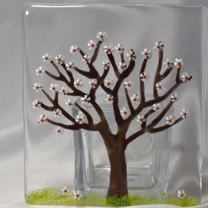 Spring Tree Tea Light Candle Holder Handmade Fused Glass  Tealight Cherry Blossoms