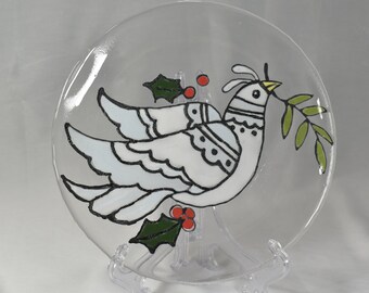 Handmade Dove of Peace  Fused Glass Round Plate 7"  Christmas