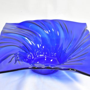 Handmade Fused Glass Cobalt Blue Cyclone Swirl Bowl 8 x 8 x 2 1/2 inches