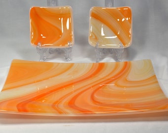 Fused Glass Rectangular Sushi Set with 9 x 5 1/2 inch Platter and 2 3 x 3 sauce dishes  Creamsicle Orange Swirl