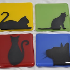 Handmade Cat Silhouette Fused Glass Coaster Set 4 inch square Hand Painted Enamel  Black Kitty