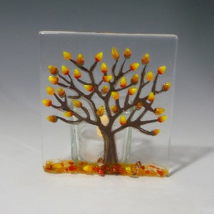 Autumn Fall Tree Tea Light Candle Holder Handmade Fused Glass  Tealight Mushrooms