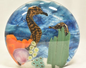 Fused Glass Seahorses and Scallop Paperweight 4 3/4 x4 1/4 Handmade in Bothell WA