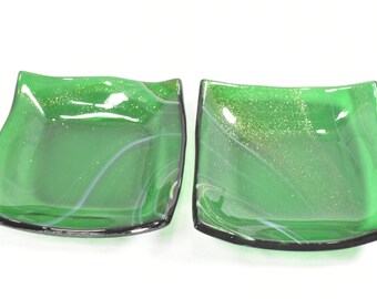 Set of 2 Handmade Fused Glass Square Sushi,  Ring, or Trinket Dishes with Green and White Swirl Design  3" x 3"