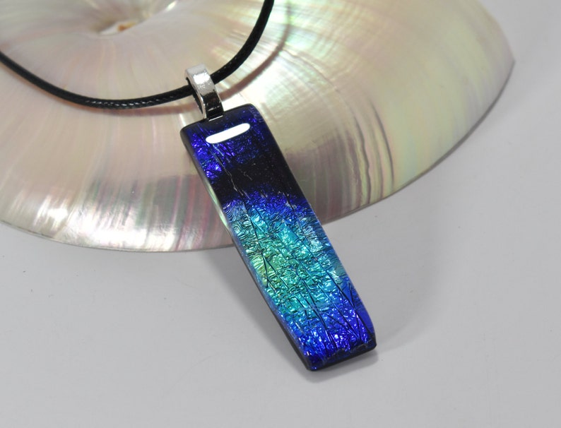 Dichroic Blue Rainbow Fused Glass Pendant #92 on Black Cord 20 inch Necklace