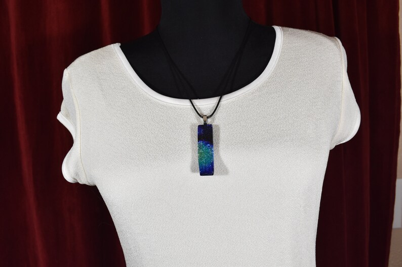 Dichroic Blue Rainbow Fused Glass Pendant #92 on Black Cord 20 inch Necklace