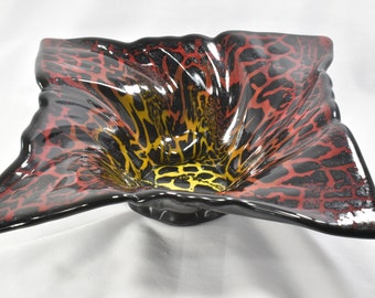 Handmade Fused Glass Lava Cyclone Swirl Bowl 7 1/2 x 2 1/2 inches  Black, Red, Yellow and Orange  Balrog Bowl