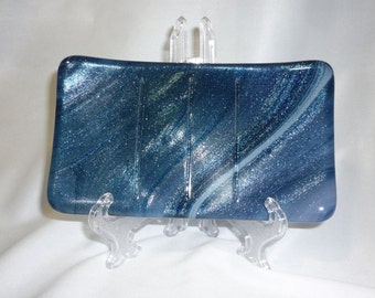 Handmade Fused Glass Soap Dish or Sponge Holder  3" x 5 1/2" Blue , Purple, and White Swirl
