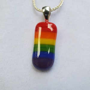 Rainbow Pride Flag Fused Glass Pendant on .925 Sterling Silver 24 inch Wheat Necklace LGBTQIA+ | Gay Pride Flag | Leaf Bail | Reversible
