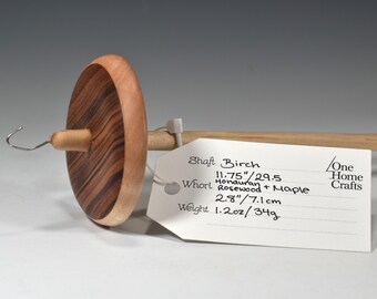 Handmade 1.2 oz Fiddleback Maple, Honduran Rosewood, and Birch Top Whorl Drop Spindle