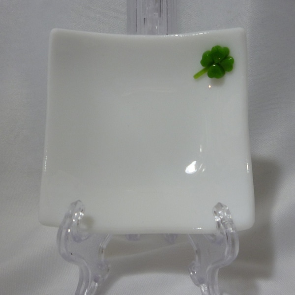 Handmade Fused Glass Square Trinket Dish White with 4 Leaf Clover 3" x 3"