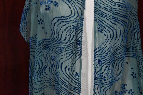 Blue and Light Green Beaded Path Pattern Silk and Rayon Cut Velvet Scarf  11x60 Handpainted Hand Dyed Devore Burnout Velvet