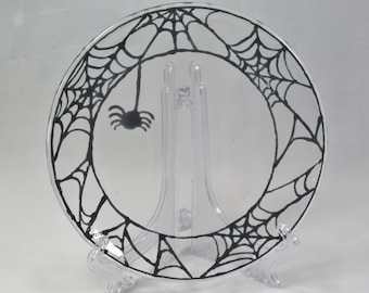 Handmade Halloween Spider Fused Glass Round Plate 7"  Spiderweb
