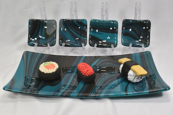 Fused Glass Rectangular Sushi Set Peacock Blue and Black Swirl