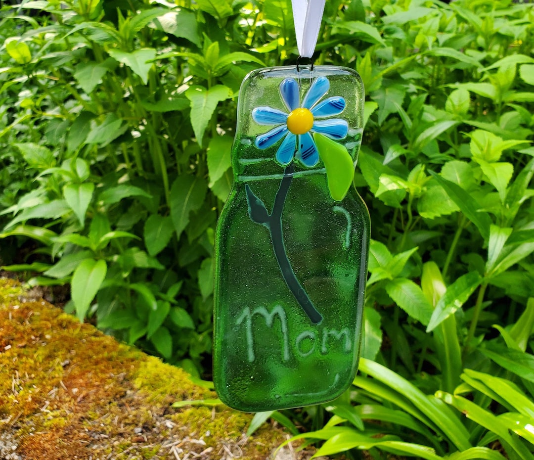 Fused Glass Suncatcher for Mom Mason Jar With Flower Mother's Day Gift