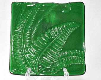 Handmade Fused Glass Square Plate Platter with Fern Design 5 3/4" x  5 3/4" Kelly Green #2