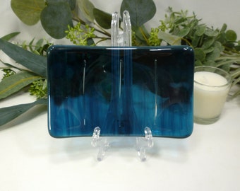 Handmade Fused Glass Soap Dish or Sponge Holder  3" x 5" Blue Swirl