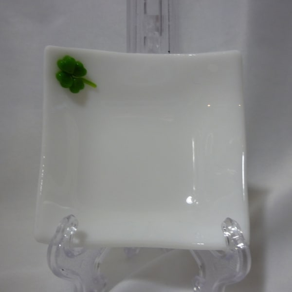 Handmade Fused Glass Square Trinket Dish White with 4 Leaf Clover 3" x 3"