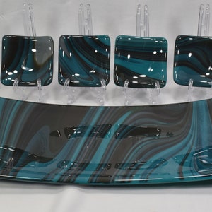 Iridescent Fused Glass Rectangular Sushi Platter and Sauce Dishes  Double Thick Glass  Pale Green