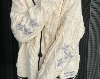 Folk Cardigan,Beige Star Embroidered Cardigan,Oversized Cute Hand Knitted Cardigan,Swift Folk, Perfect Holiday Gift,Gift for Fans