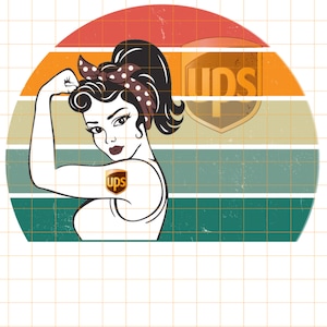 May include: A vintage-style illustration featuring a woman flexing her arm, reminiscent of the Rosie the Riveter image. The background has horizontal stripes in shades of red, orange, green, and beige. The UPS logo is incorporated into the design.