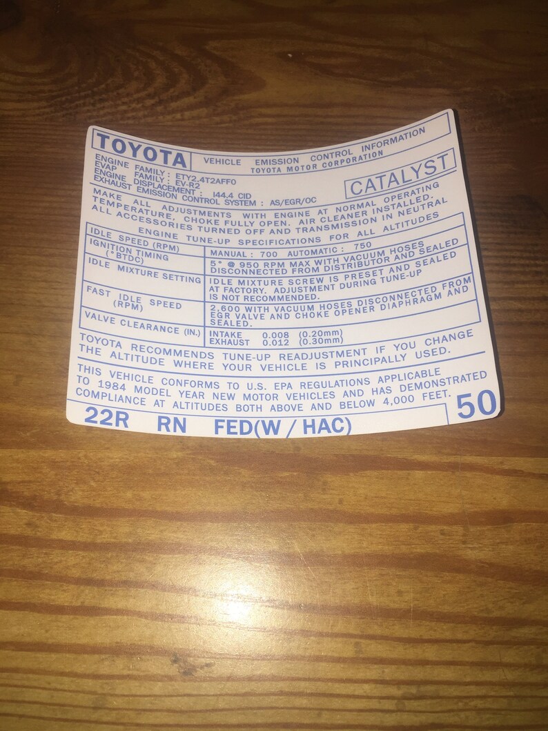 1984-1989 22R Toyota Pickup Truck 4runner Emission Decals Reproduction ...
