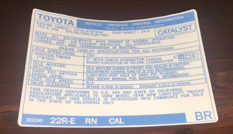 1984- 1988 22RE Toyota Pickup Truck 4runner Emission Decals ...